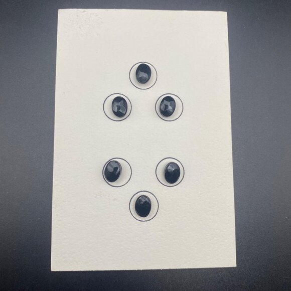 Antique Oval Black Jet Glass Buttons Set 6 Carded Victorian Faceted Self Shank - Picture 1 of 8